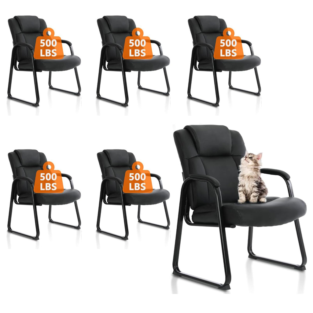 Clatina Big and Tall Office Chair Set of 6 500lbs Leather Reception Chair with Bonded Padded Armrest Wide Seat Sled Base Desk Chair No Wheels