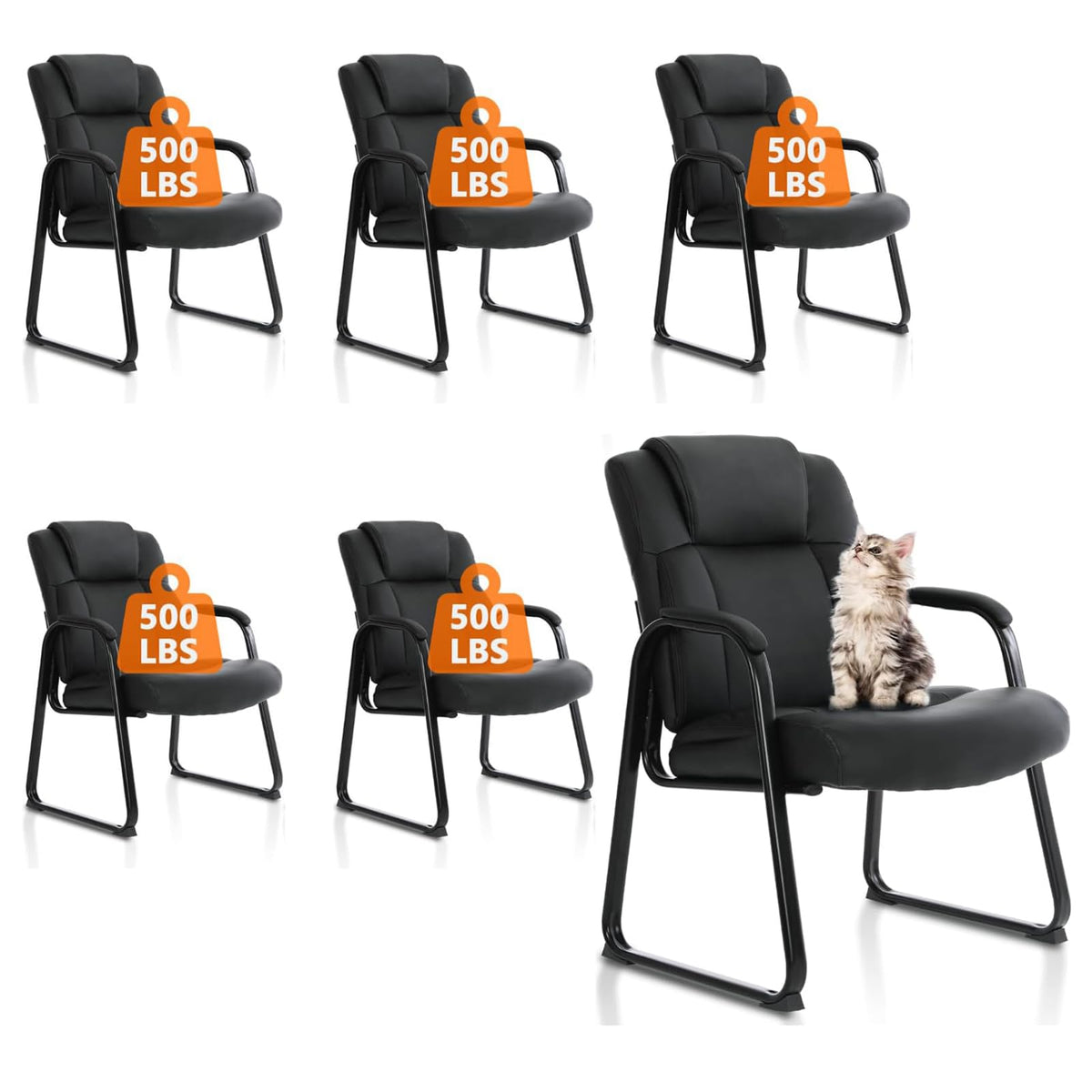 Clatina Big and Tall Office Chair Set of 6 500lbs Leather Reception Chair with Bonded Padded Armrest Wide Seat Sled Base Desk Chair No Wheels