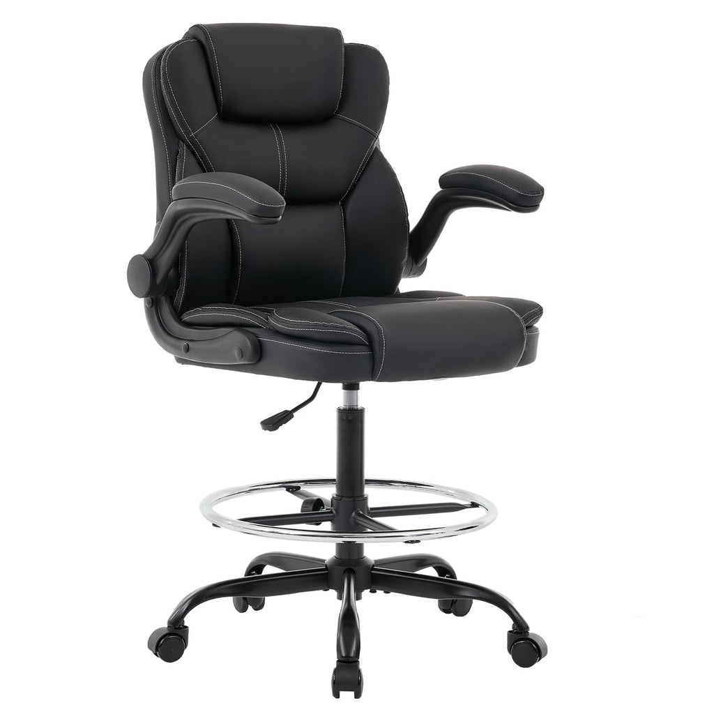 Drafting Chair Tall Office Chair for Standing Desk, 500lbs Heavy Duty Executive Chair with Flip-up Arms, 3d Contoured Leather Desk Chair with