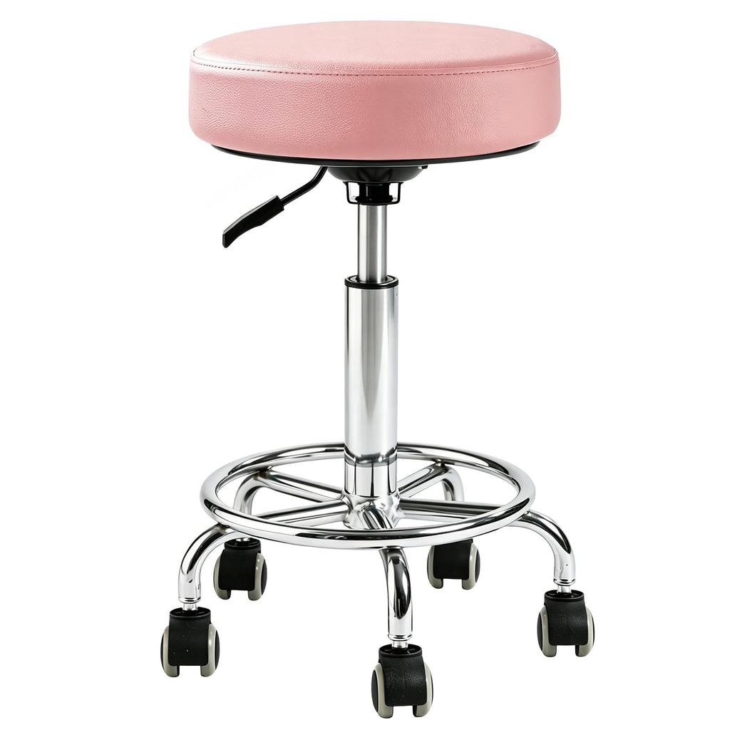 Limkomes 500lb Heavy-duty Adjustable Stool with Wheels, Round Rolling Chair, Standard, Pink