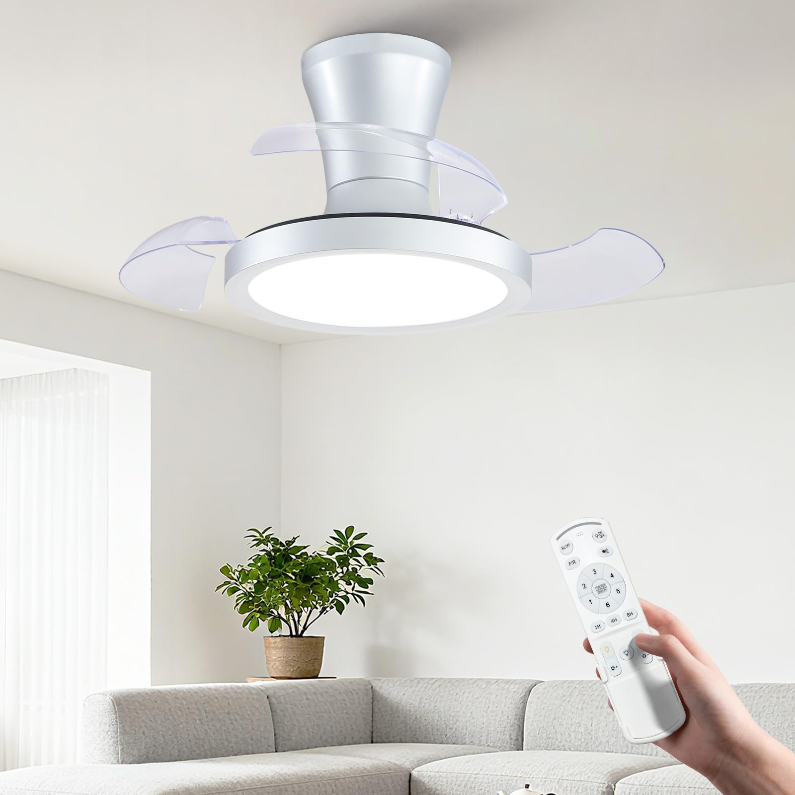 Retractable Ceiling Fans with Lights, 24" Small Ceiling Fan Light Remote Control, LED Dimmable Flush Mount Fandelier, 6 Speeds Modern Ceiling Fan for Bedroom Dinning Rooom Kitchen (Silver)