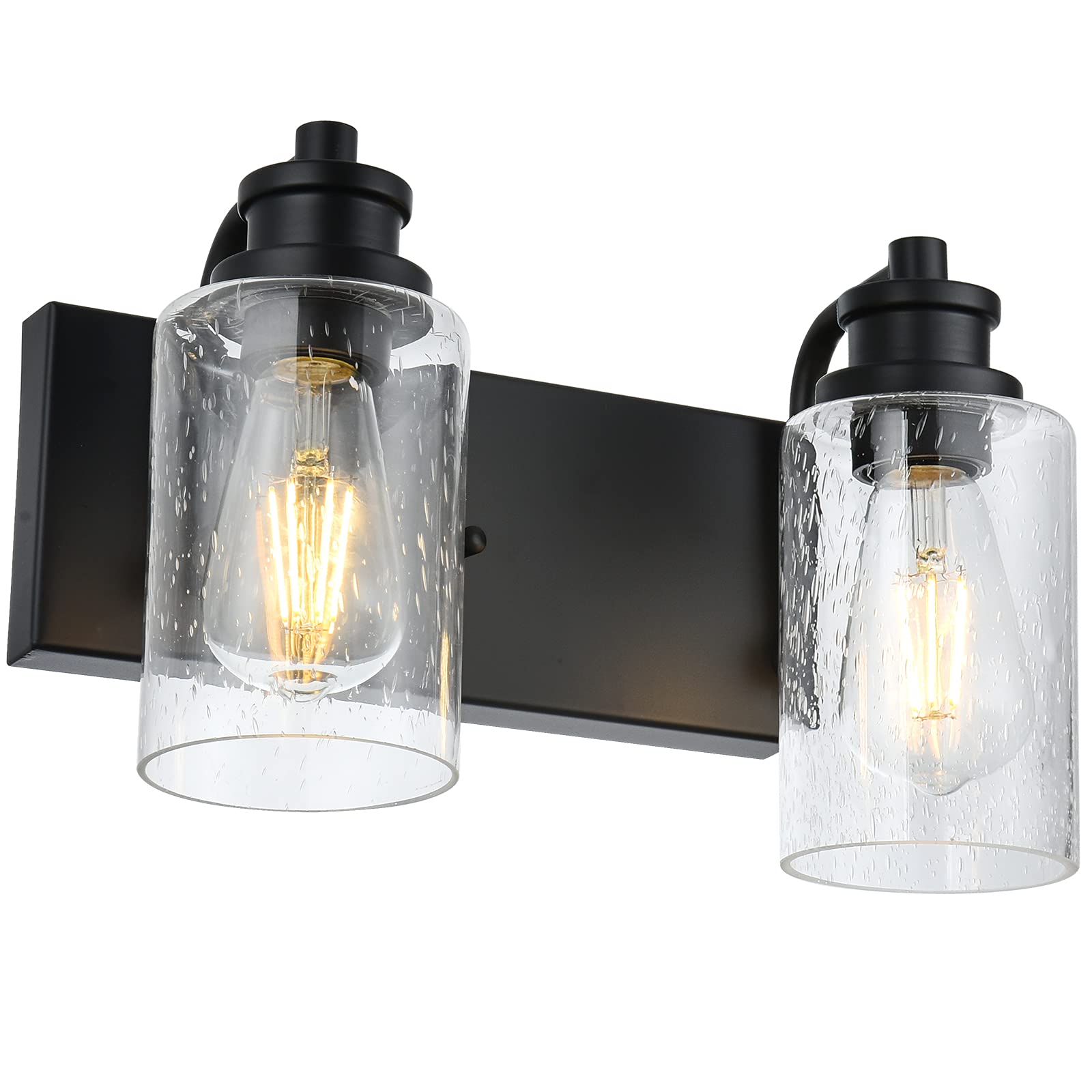 2-Light Black Bathroom Vanity Lights, 13" Modern Farmhouse Wall Sconces with Seedy Glass Shade, Bathroom Wall Lamp for Mirror Bedroom Hallway Living Room Cabinet