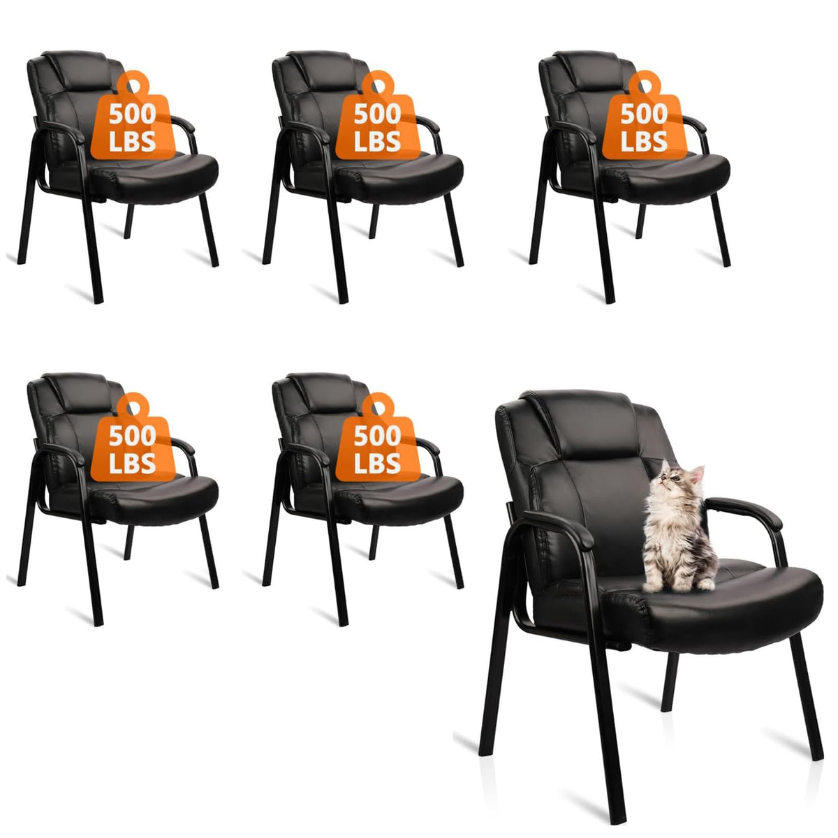 Clatina Big and Tall Office Chair Set of 6 500lbs Leather Reception Chair with Bonded Padded Armrest Wide Seat Desk Chair No Wheels for
