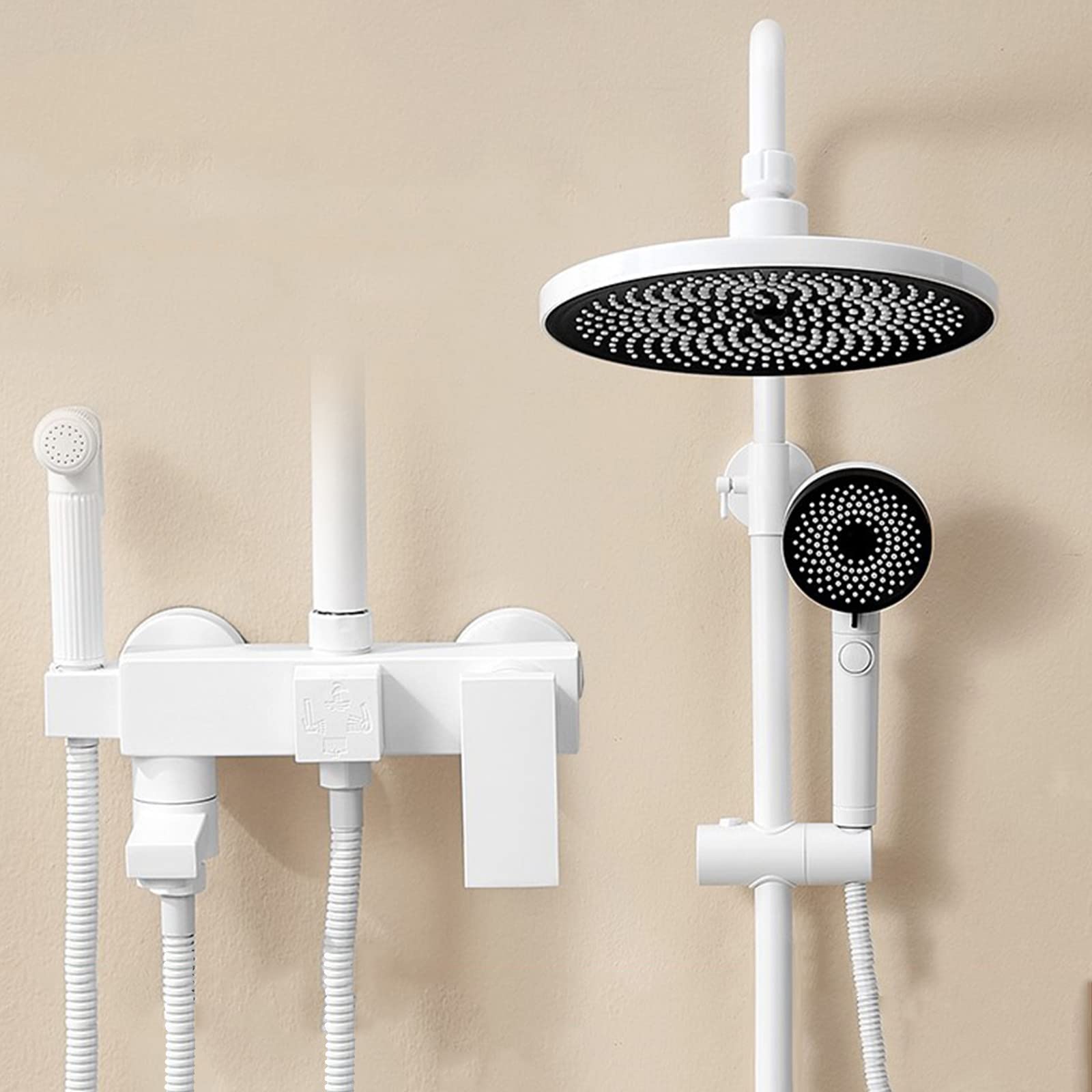 White Shower System Wall Mounted Exposed Shower Faucet Set with Tub Spout Bathroom Shower Fixtures with Rain Shower Head, 3 Mode Hand Shower and Bidet Sprayer