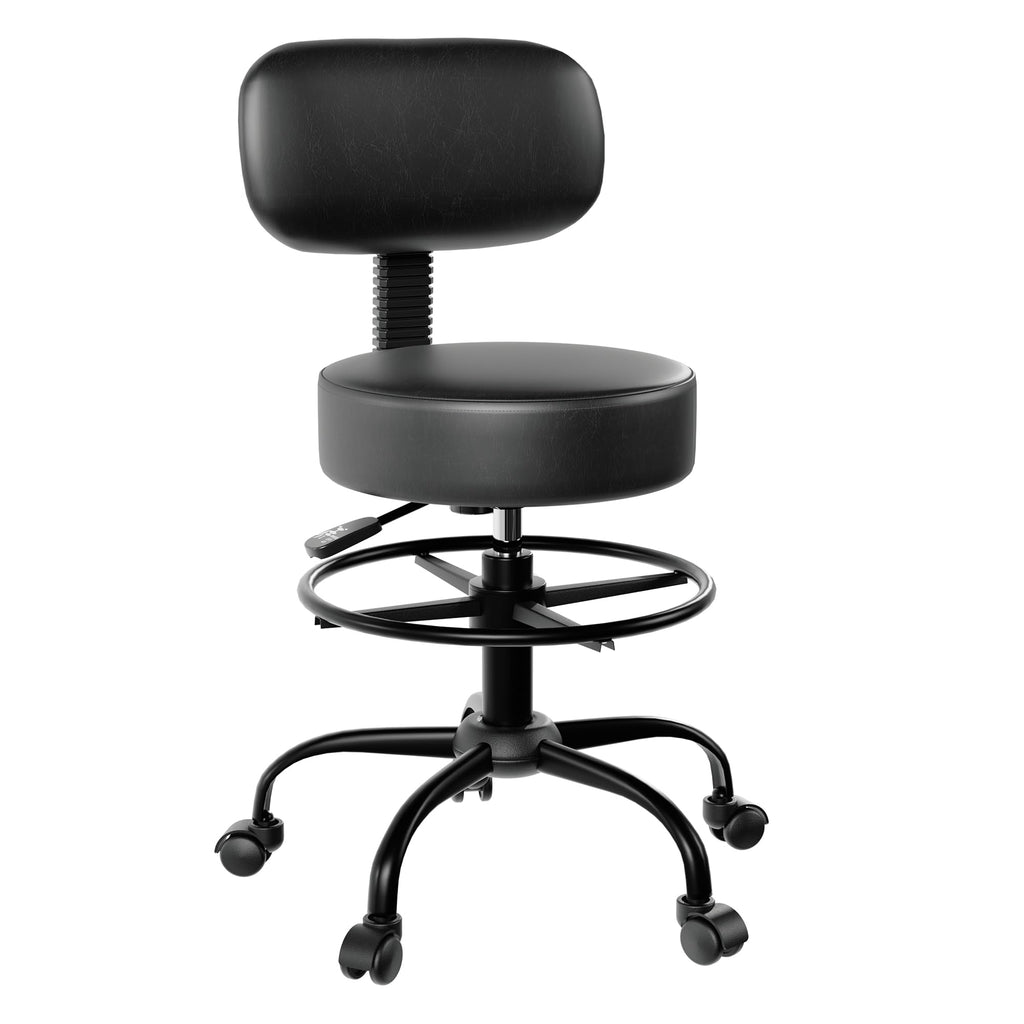 Anunweldo Drafting Chair with Back Support, Adjustable Foot Rest Rolling Stool, 360° Swivel Office Desk Chair with Wheels, Thick Seat Cushion