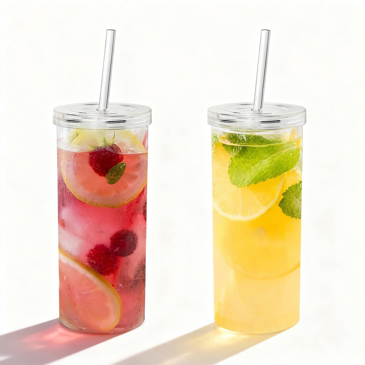 20oz Drinking Jars with Lids and Straws - 2 Pack Large Round Iced Coffee Cups Drinking Tumbler for Smoothie, Water, Tea, Juice Drinks, Clear Reusable, Leakproof Beverage Set