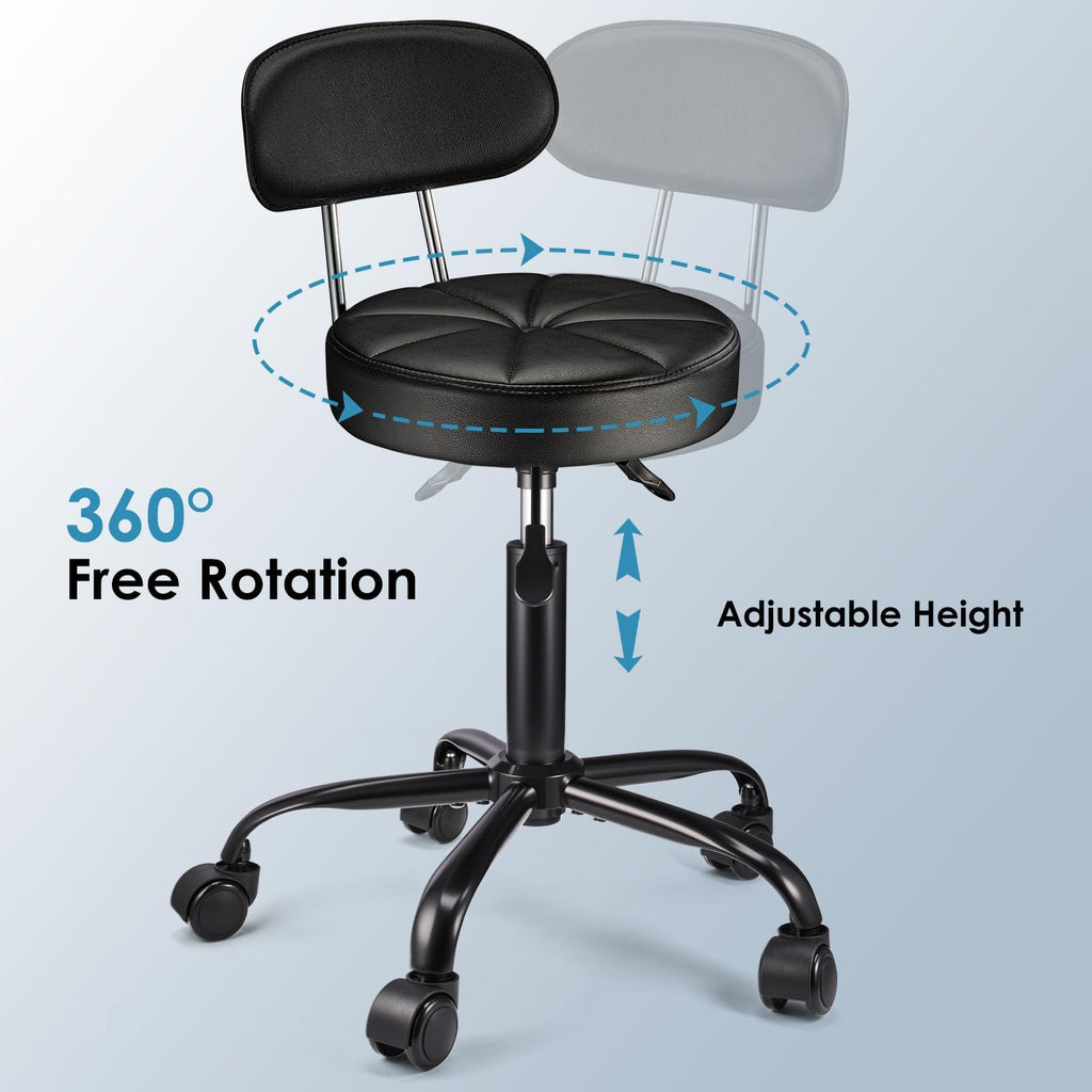 Fnzir Pu Leather Rolling Stool with Back Support Height Adjustable Swivel Stool Chair with Wheels Drafting Chair for Spa Slaon Massage Stable