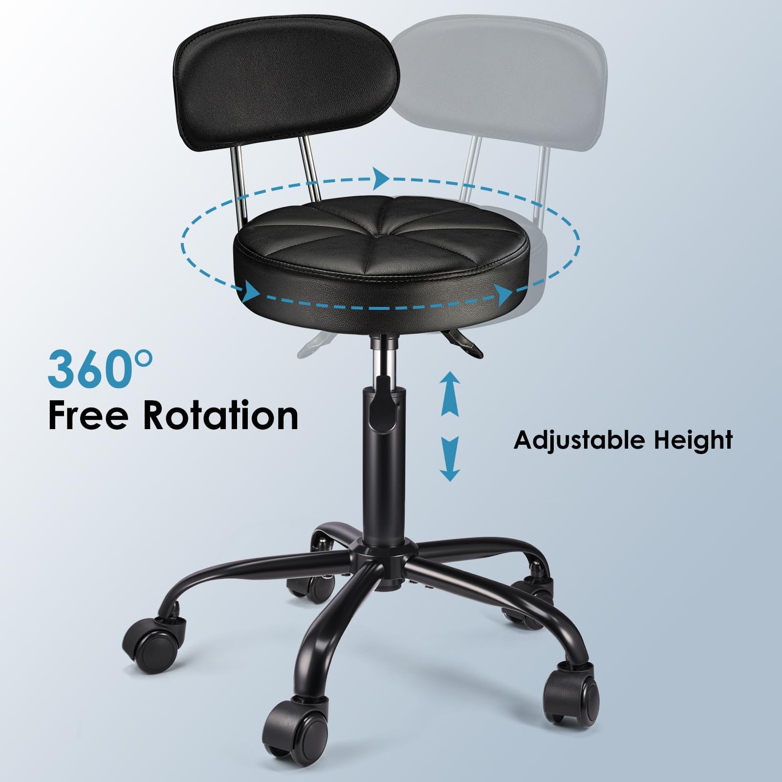 Fnzir Pu Leather Rolling Stool with Back Support Height Adjustable Swivel Stool Chair with Wheels Drafting Chair for Spa Slaon Massage Stable