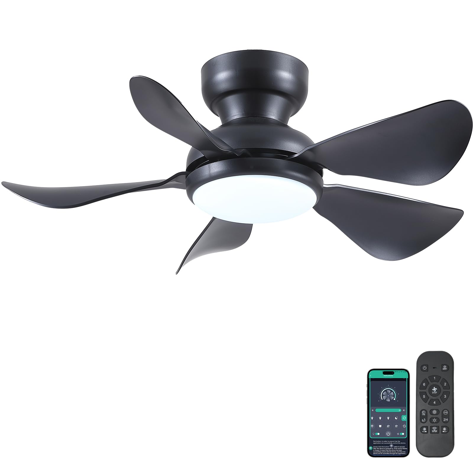 Kviflon 32 Inch Modern Ceiling Fans with Lights, Small Flush Mount Ceiling Fan with Light and Remote/APP Control, 5 Reversible 6 Speeds Curved Blades, 3 CCT Dimmable Lights for Bedroom, Black