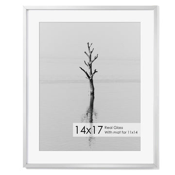 14x17 Metal Picture Frame with 11x14 Mat, Brushed Aluminum Finish, Attached Hanging Hardware, and Tempered Glass Front - Versatile Vertical or Horizontal Wall Display Frames Set of 1 - Silver