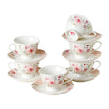 Floral Porcelain Tea Cup Set of 6 (12-Piece), 6 Cups & 6 Saucers with Rose Pattern, 6oz Scalloped Edge Coffee Cups, Dishwasher & Microwave Safe, Elegant Gift