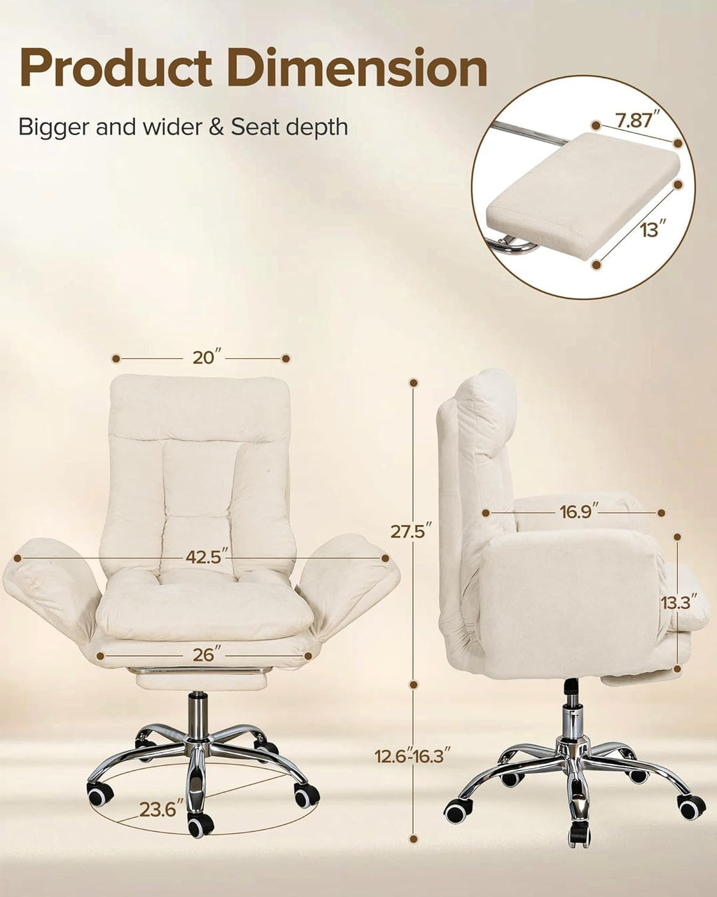 Syesway Big and Tall Office Chair with Flip-up Armrests & Footrest, 42.5'', White