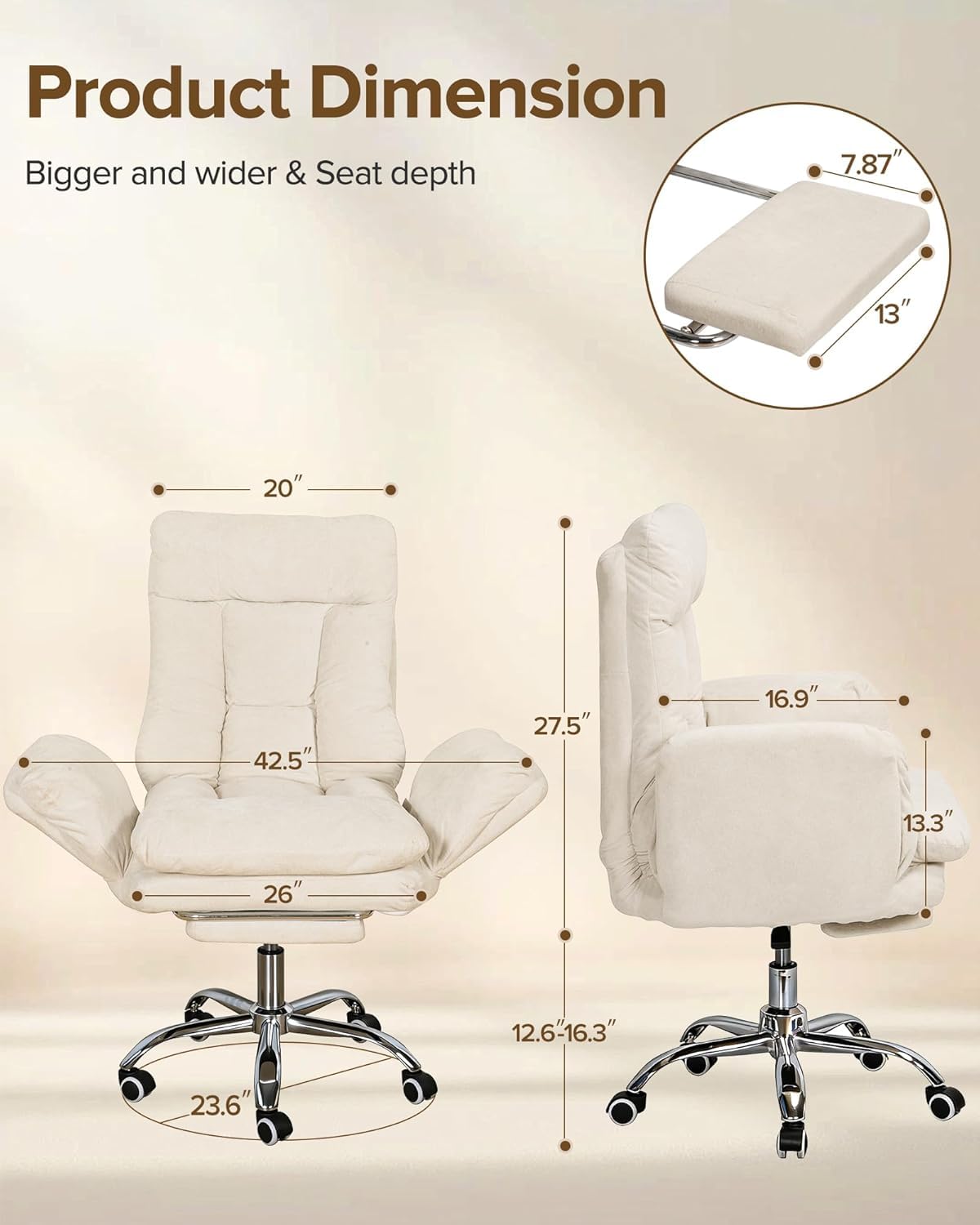 Syesway Big and Tall Office Chair with Flip-up Armrests & Footrest, 42.5'', White
