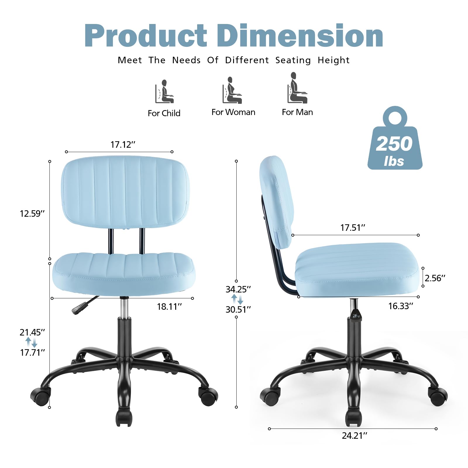 Dumos Armless Office Chair, Small Home Desk Chair, Lumbar Support, Compact, Blue