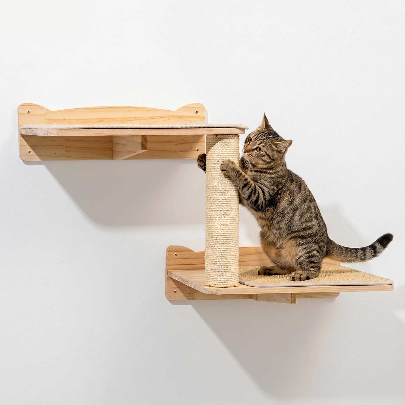 Cat Wall Shelves, 2-Tier Cat Shelves with Sisal Scratching Post, Sisal Mat Solid Pine Wood Wall Mounted Cat Climbing Furniture, Modular Design