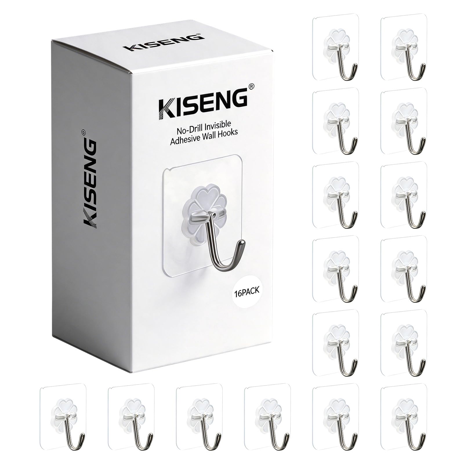 16 Pack Crystal Clear Adhesive Hooks for Hanging, Heavy Duty 22lb Sticky Hooks, Invisible Clear Wall Hooks No Drill No Damage, Waterproof Shower Hooks for Bathroom Kitchen Towel Keys