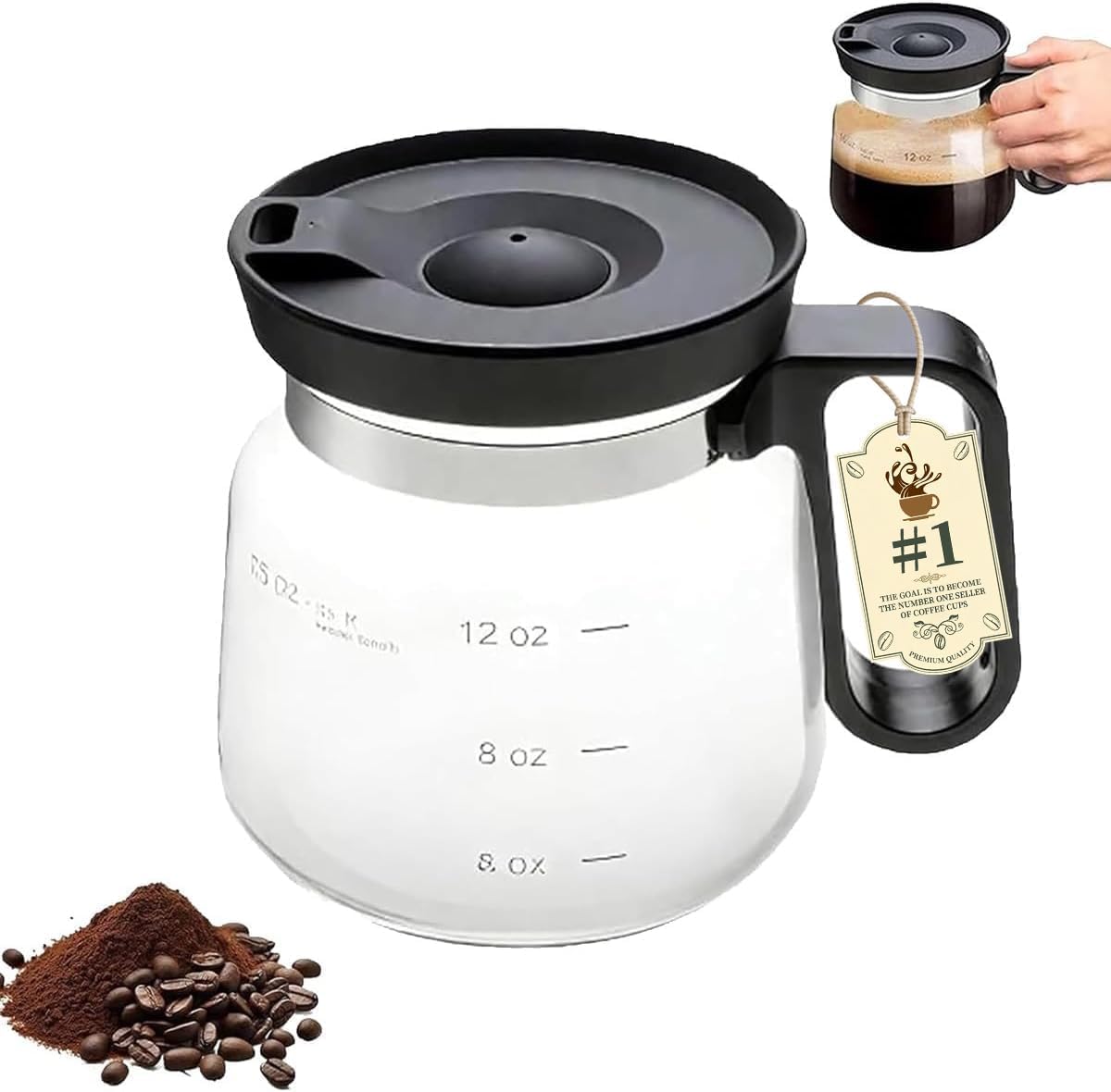 16 Oz Glass Coffee Mug That Looks like a Coffee Pot Style Shape, Mini Heatproof Large Capacity Clear Cup with Travel Lid & Straw for Hot Teas, Hot Chocolate, Office Desk Gift