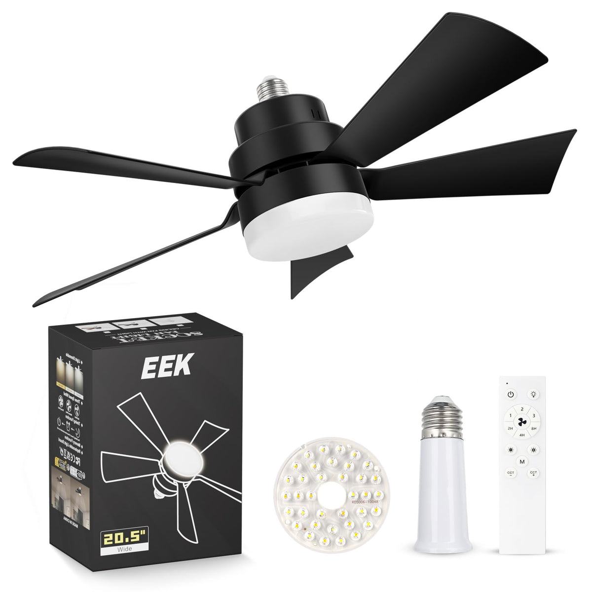 EEK Socket Fan Light with Ultra Quiet Design, 20.5? Ceiling Fans with LED Lights and Remote,Screw in Fan Light for E26/E27,3Speeds 3Colors 3000-6500K,1200 (Black)