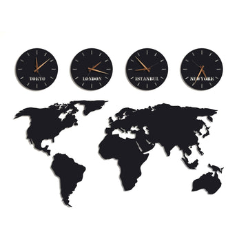 HUFA CONCEPT Metal World Map Wall Art with Custom 4 Time Zone Clocks – 1.5 mm Large Office Steel Wall Decor - 27.5"x55.1" World Map and 11" Wall Clock