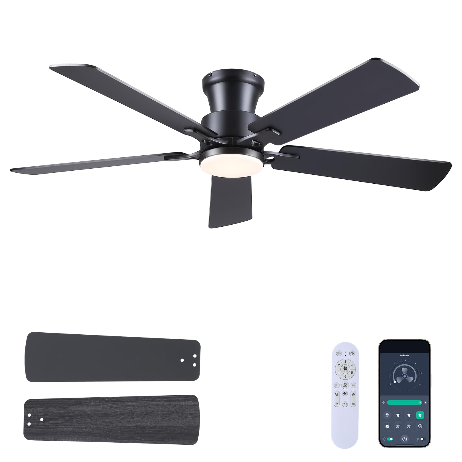 JSAITEE 52" Ceiling Fans with Lights - Flush Mount Ceiling Fan, Low Profile, Reversible Motor, 3CCT Dimmable, Noiseless, 6 Speeds, Black Modern Ceiling Fan for Indoor/Outdoor