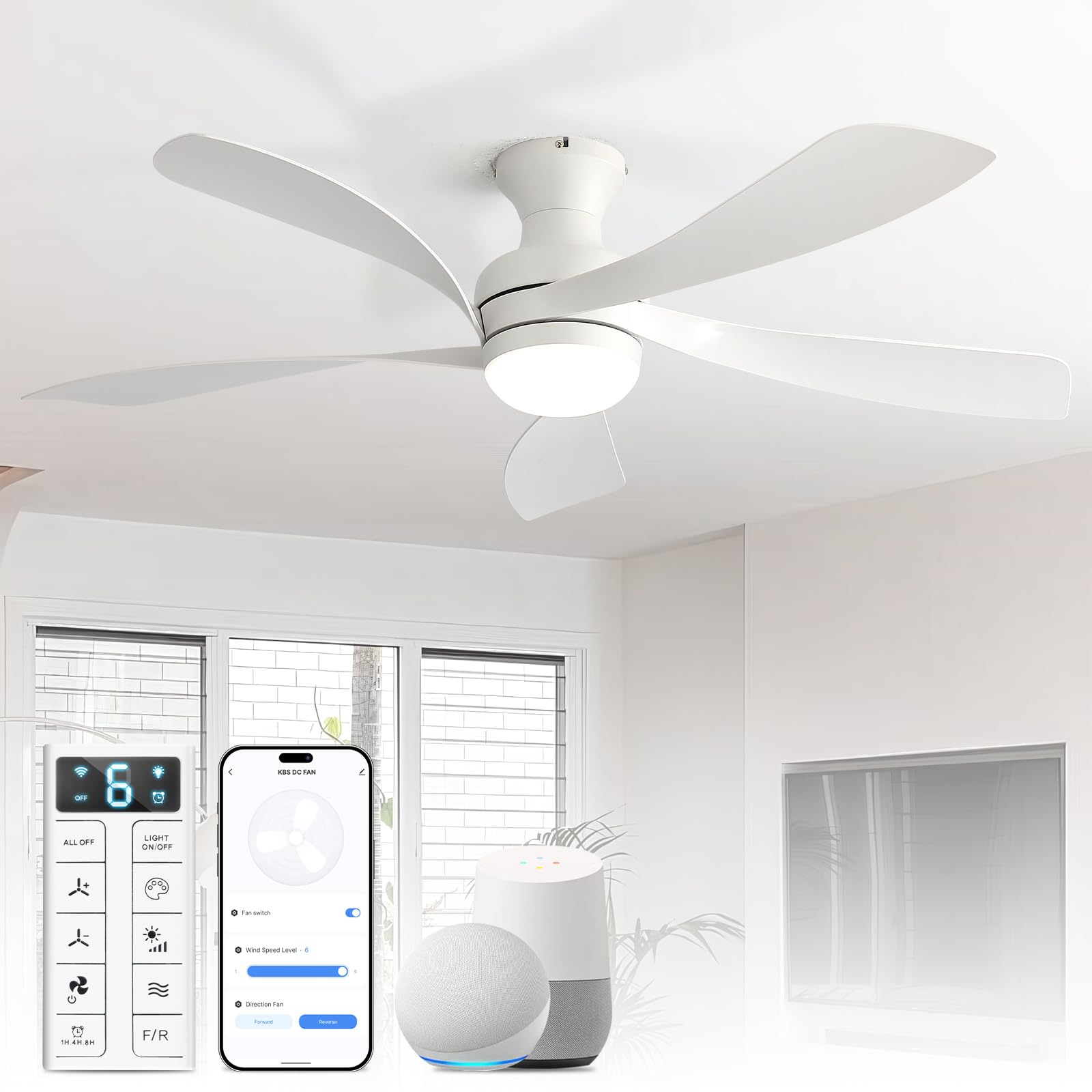 Sofucor Smart 52'' Low Profile Ceiling Fan with Lights and Remote, Flush Mount Ceiling Fan Work with APP/Alexa/Google for Modern Bedroom Living Room Patio, Dimmable LED Quiet Reversible DC Motor