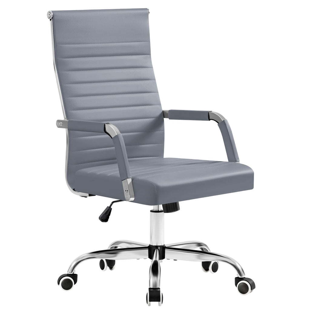 Furmax Ergonomic Office Desk Chair, Executive Ribbed Mid-back Pu Leather Conference Room Chair Adjustable Swivel Chair with Arms (1, Grey)
