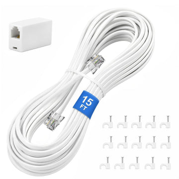 Uvital 15FT Phone Extension Cord, RJ11 Coupler and Cable Clips, White | Telephone Extension Line Cable with 1 In-line Coupler & 15pcs Nail-in Cable Clip Holders for Landline Phone, Home or Office