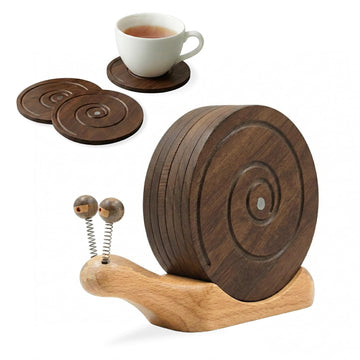 BEEBUZ Magnetic Snail Wooden Coasters for Drinks - Set of 6 Handcrafted Walnut Coaster Set with Holder. Non-Stick Spiral Grooves for Wooden Table Protection. Cute & Unique Housewarming Gift Decor