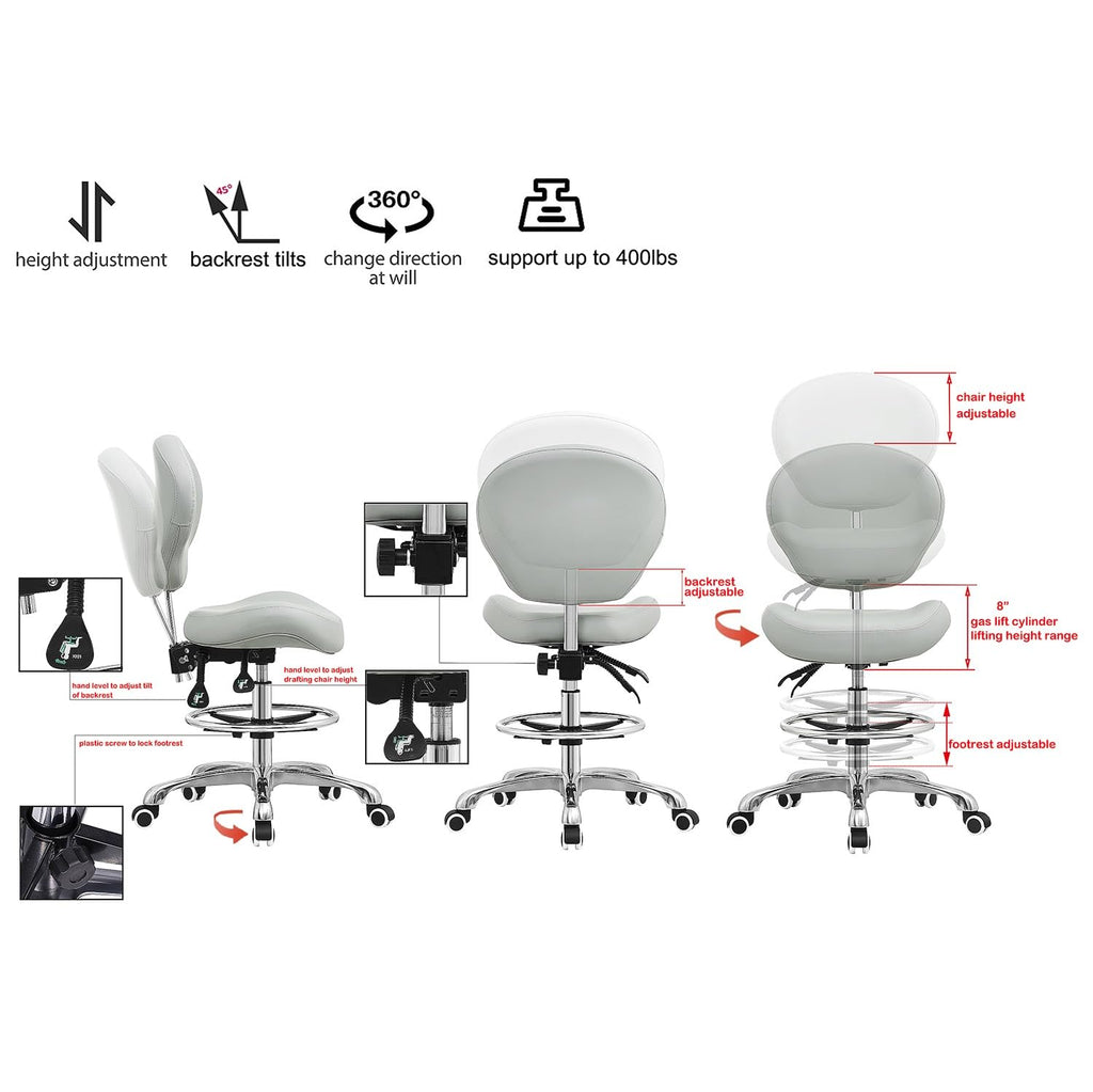 Kaleurrier Adjustable Stools Drafting Chair: with Back Rest & Foot Rest, Standrd, Grey