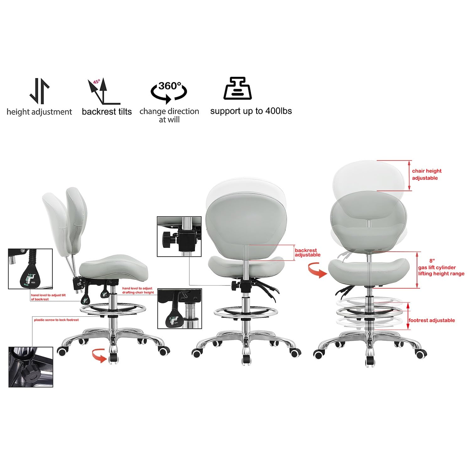 Kaleurrier Adjustable Stools Drafting Chair: with Back Rest & Foot Rest, Standrd, Grey