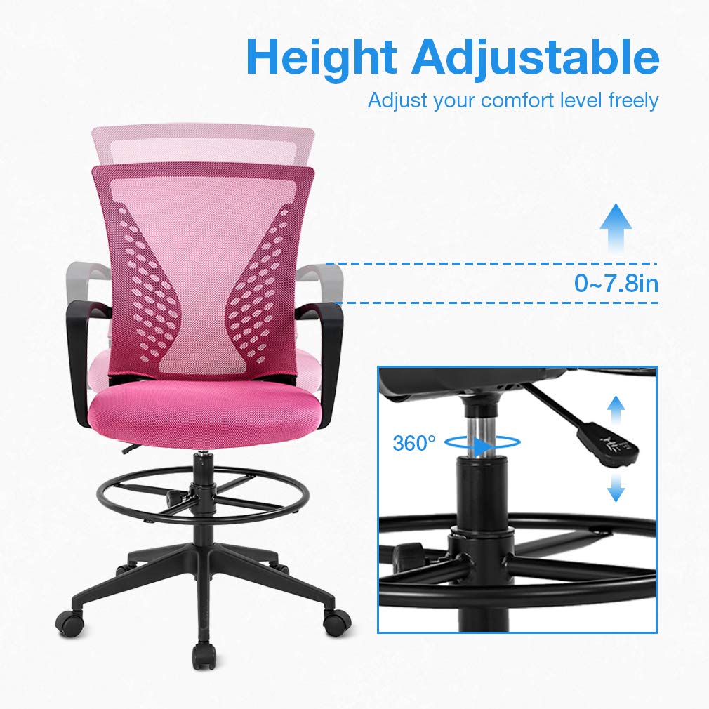 Drafting Chair Tall Office Chair Standing Desk Chair Adjustable Height with Arms Foot Rest Back Support Rolling Swivel Desk Chair Mesh Drafting