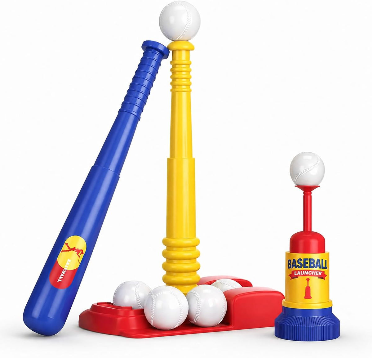 T Ball Stand for Kids and Toddlers 1-3, 3-5, 5-8. Baseball Set Includes 6 Large Balls, an Adjustable Tball Batting Tee, and a Pitching Machine. Kids Bat and Ball, T-Ball Sets for Kids