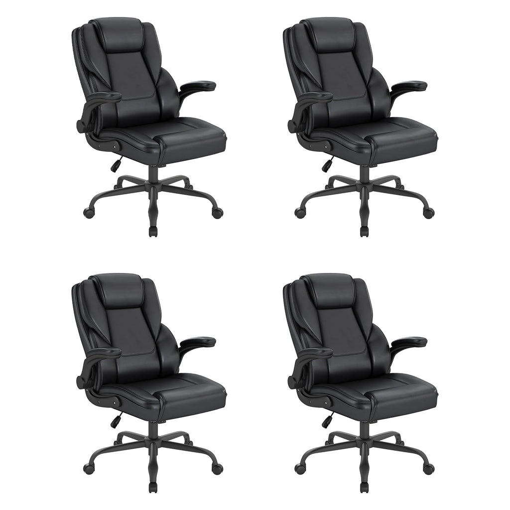 Keratee Ergonomic Executive Office Chair, Mid Back Pu Leather Computer Desk Chair with Flip-up Armrests, Lumbar Support, Rocking Function, 4pc,