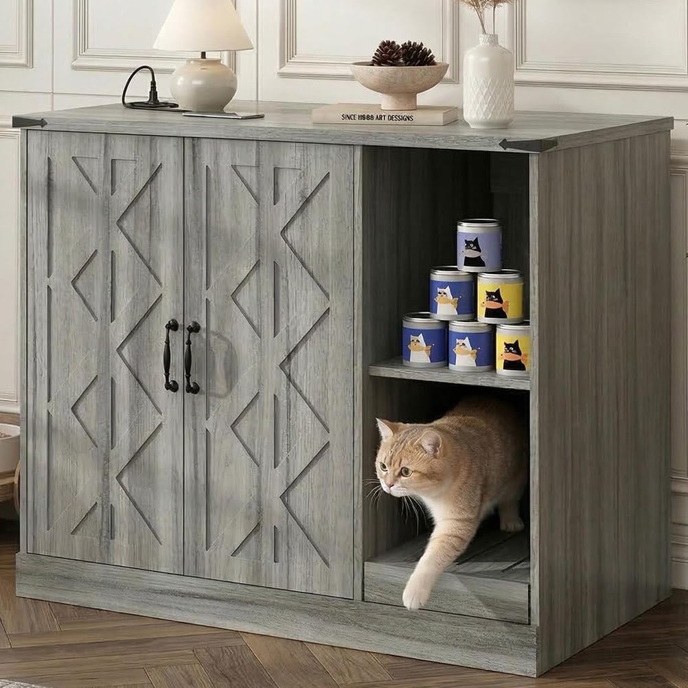 Large Cat Litter Box Enclosure Furniture with Litter Collector, Hidden Litter Box Cabinet with Storage Shelves & Power Outlet, Wooden Cat House Cat Washroom for Automatic Litter Box