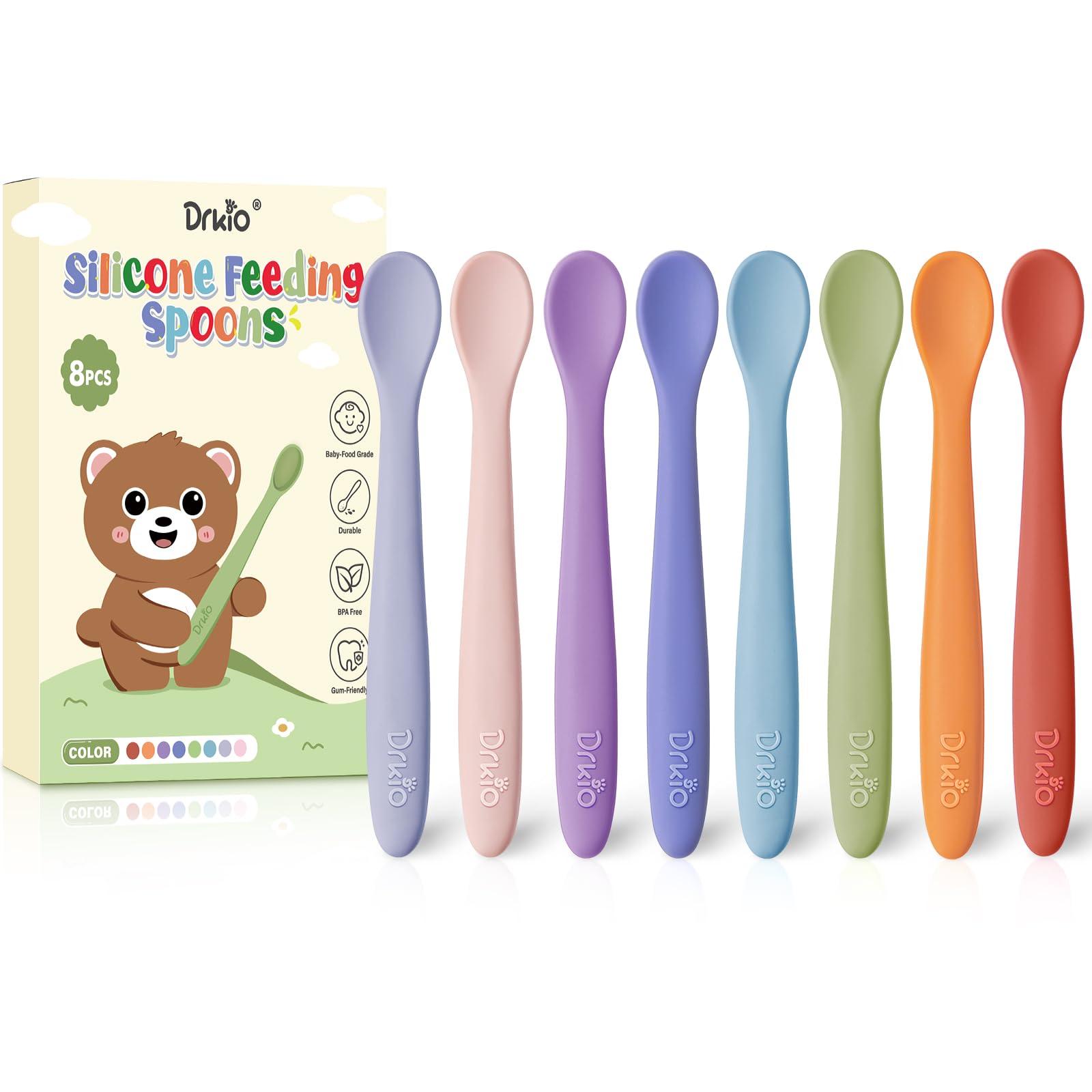 8-Piece Silicone Baby Spoons - Infant Spoons First Stage Self Feeding Baby Led Weaning Supplies Toddler Training Utensils Soft Chewable-Tip Bendable BPA-Free Dishwasher Safe Boil-proof