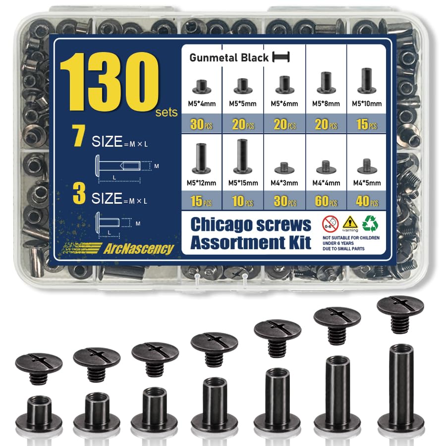 130 Sets Gunmetal Black Chicago Screws Leather Rivets Kit, 7 Sizes (M5*4,5,6,8,10,12,15) & 3 Screw Lengths (M4*3,4,5) for Belts, Bookbinding, DIY Leather