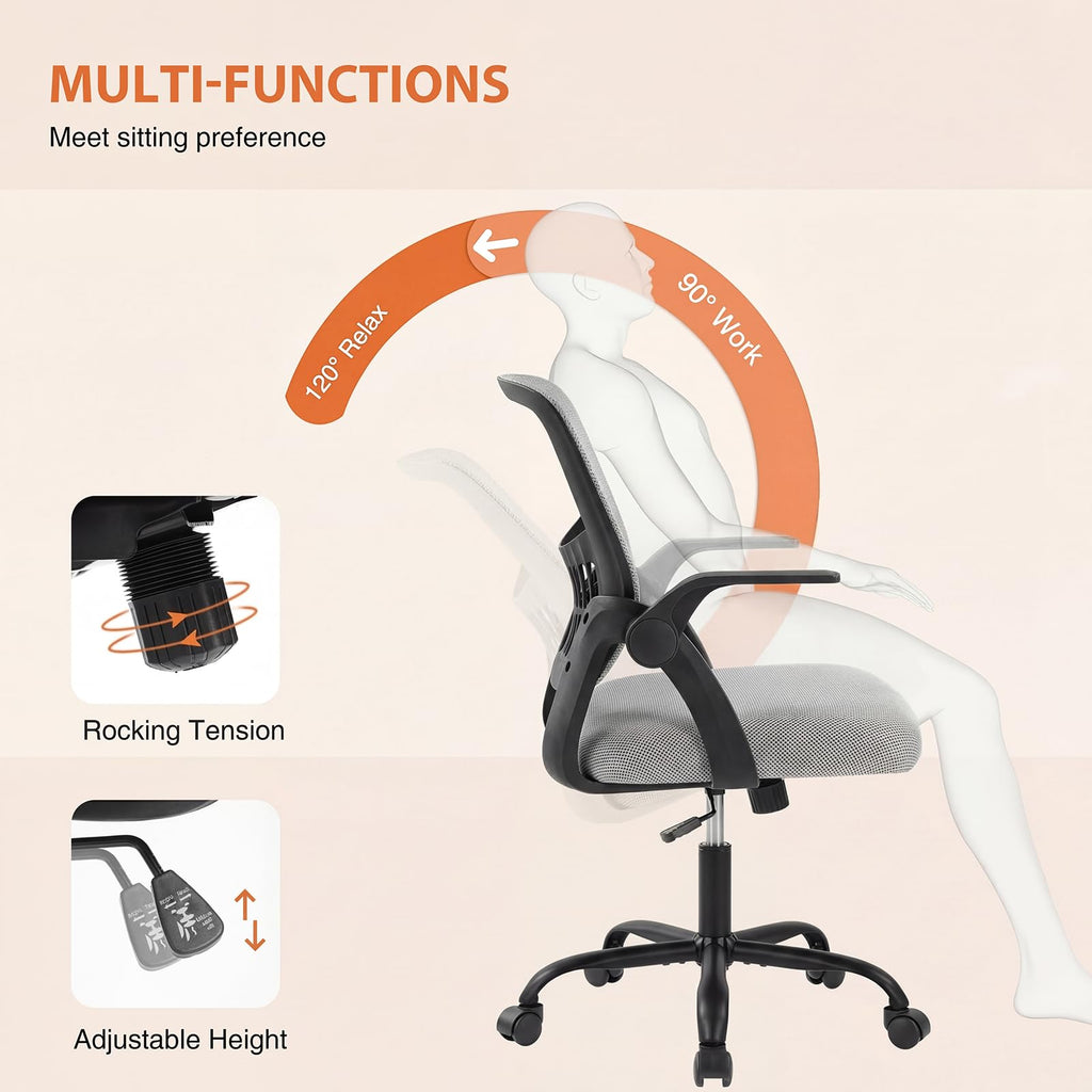 Sweetcrispy Home Office Managerial Executive Chair, Flip Up Armrest Ergonomic Mesh Adjustable Swivel Mid-back Computer Desk Chair with