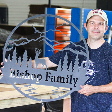 RealSteel Personalized Mountain Metal Wall Art with Deer – Custom Name Cabin Sign | Rustic Outdoor Lodge & Lake House Décor | Laser-Cut Steel Wall Hanging | Wedding & Housewarming Gift | Made in USA