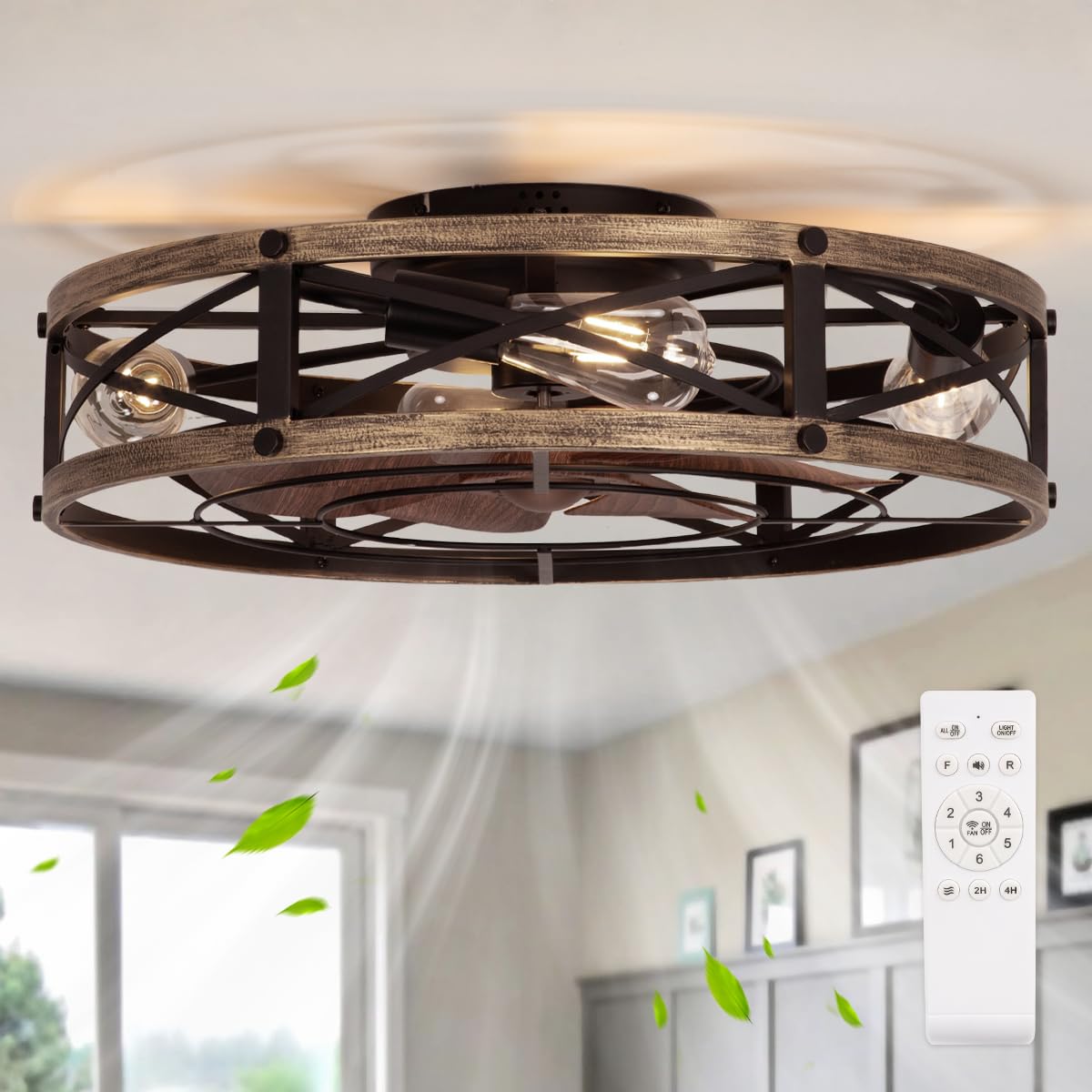 SHLUCE 22" Farmhouse Ceiling Fan with Light, Rustic Caged Bladeless Low Profile Ceiling Fans with Lights and Remote, Modern Flush Mount Ceiling Fans with Lights for Bedroom, Living Room - ETL