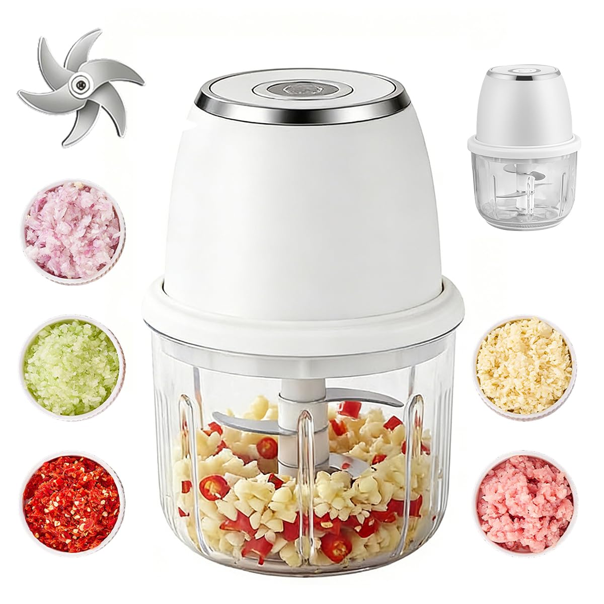 Electric Garlic Chopper, 2026 Upgraded Mini Food Processor 350ml, Cordless USB Rechargeable Food Chopper with 6 Stainless Steel Blades & Thickened Glass for Garlic Ginger Nuts Meat (350ml-White)