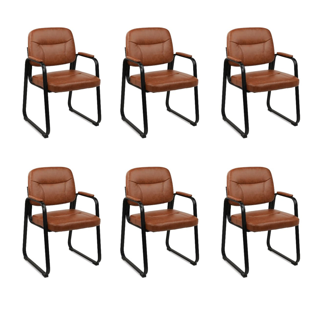 Clatina Waiting Reception Chairs No Wheel, Leather Guest Chair with Padded Arms, Modern Brown Office Desk Chairs with Sled Base for Office