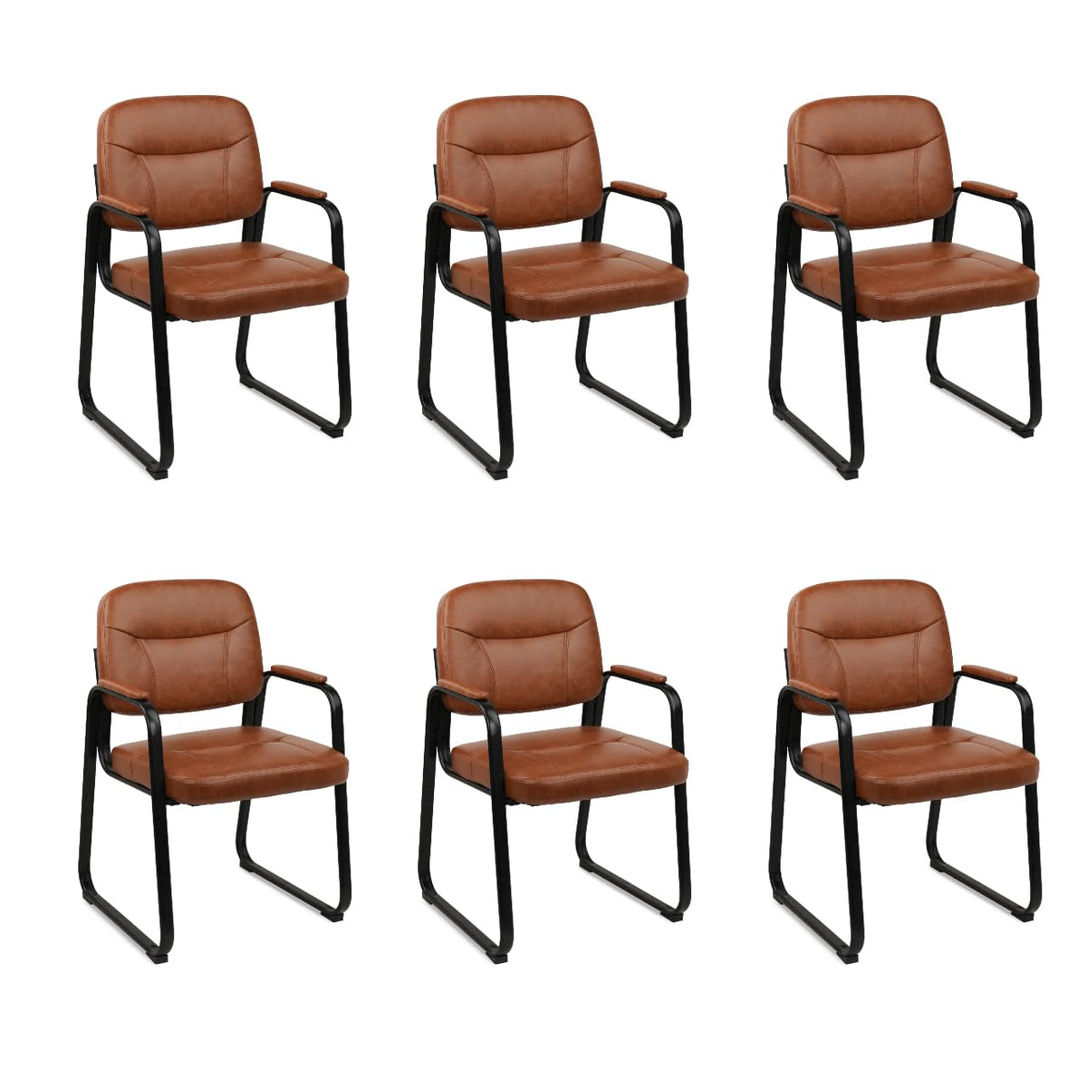 Clatina Waiting Reception Chairs No Wheel, Leather Guest Chair with Padded Arms, Modern Brown Office Desk Chairs with Sled Base for Office