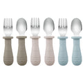 PandaEar Toddler Utensils, 6 Pack Kids Spoons and Forks, 18/8 Stainless Steel & Food Grade Silicone Children Silverware Set, Dishwasher Safe (Light Tan/Walnut/Blue)