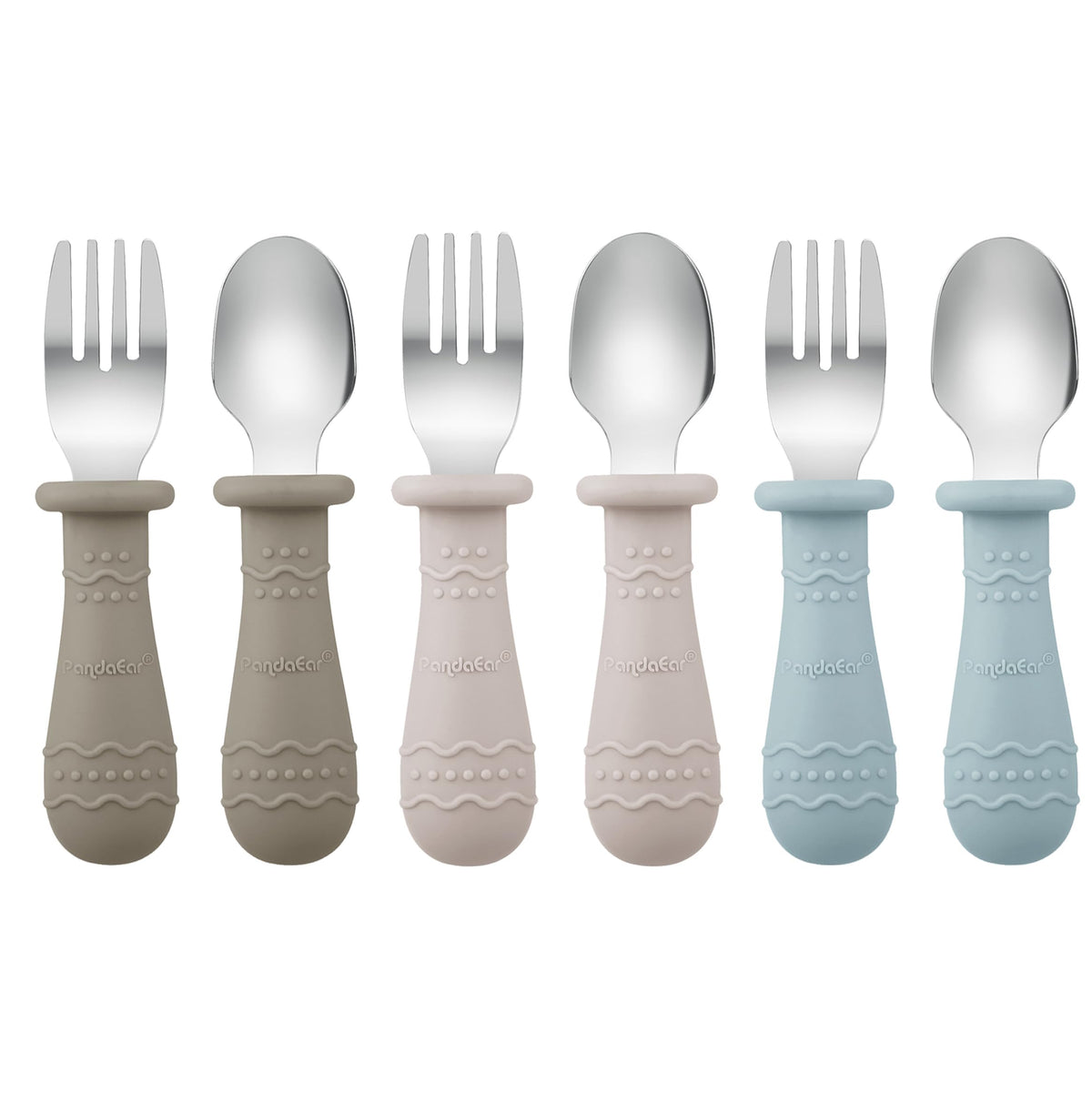 PandaEar Toddler Utensils, 6 Pack Kids Spoons and Forks, 18/8 Stainless Steel & Food Grade Silicone Children Silverware Set, Dishwasher Safe (Light Tan/Walnut/Blue)