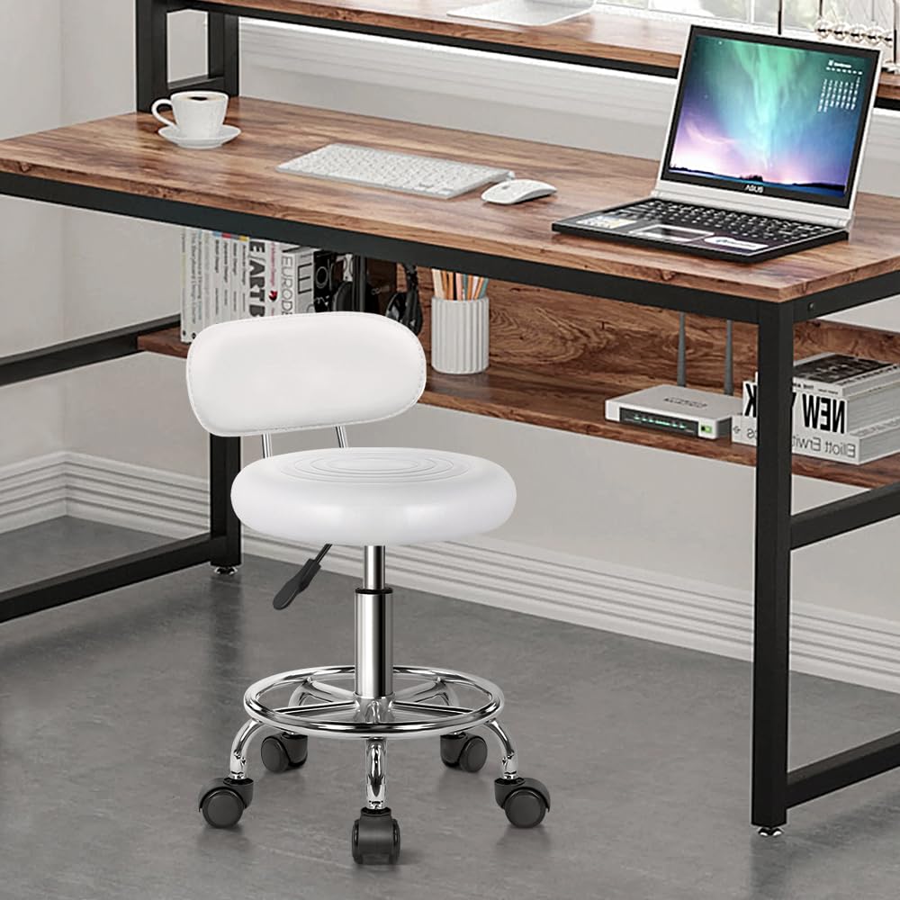 Kktoner Pu Leather Modern Rolling Stool with Low Back Height Adjustable Work Salon Drafting Swivel Task Chair with Footrest (white)
