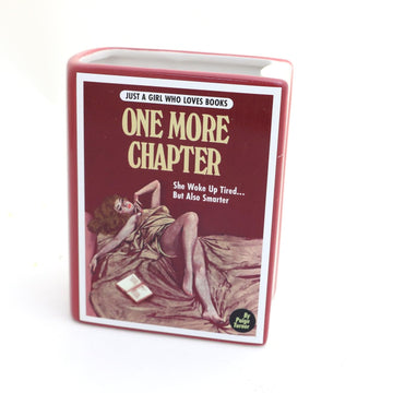 Lenny Mud One More Chapter book vase, decoupaged pencil holder, ceramic book shaped pulp novel parody
