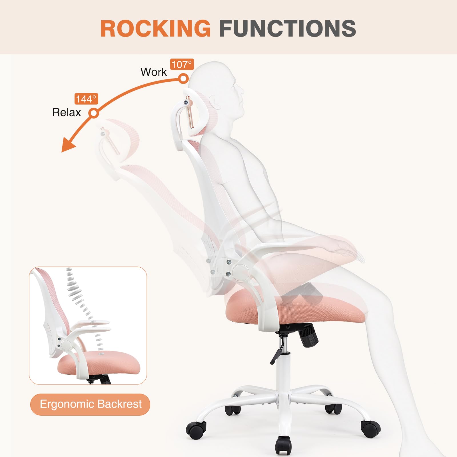 Sweetcrispy Home Office Chair, High Back Office Chair, Lumbar Support, Pink, 20.08"D&High Back&Flip-up Arm