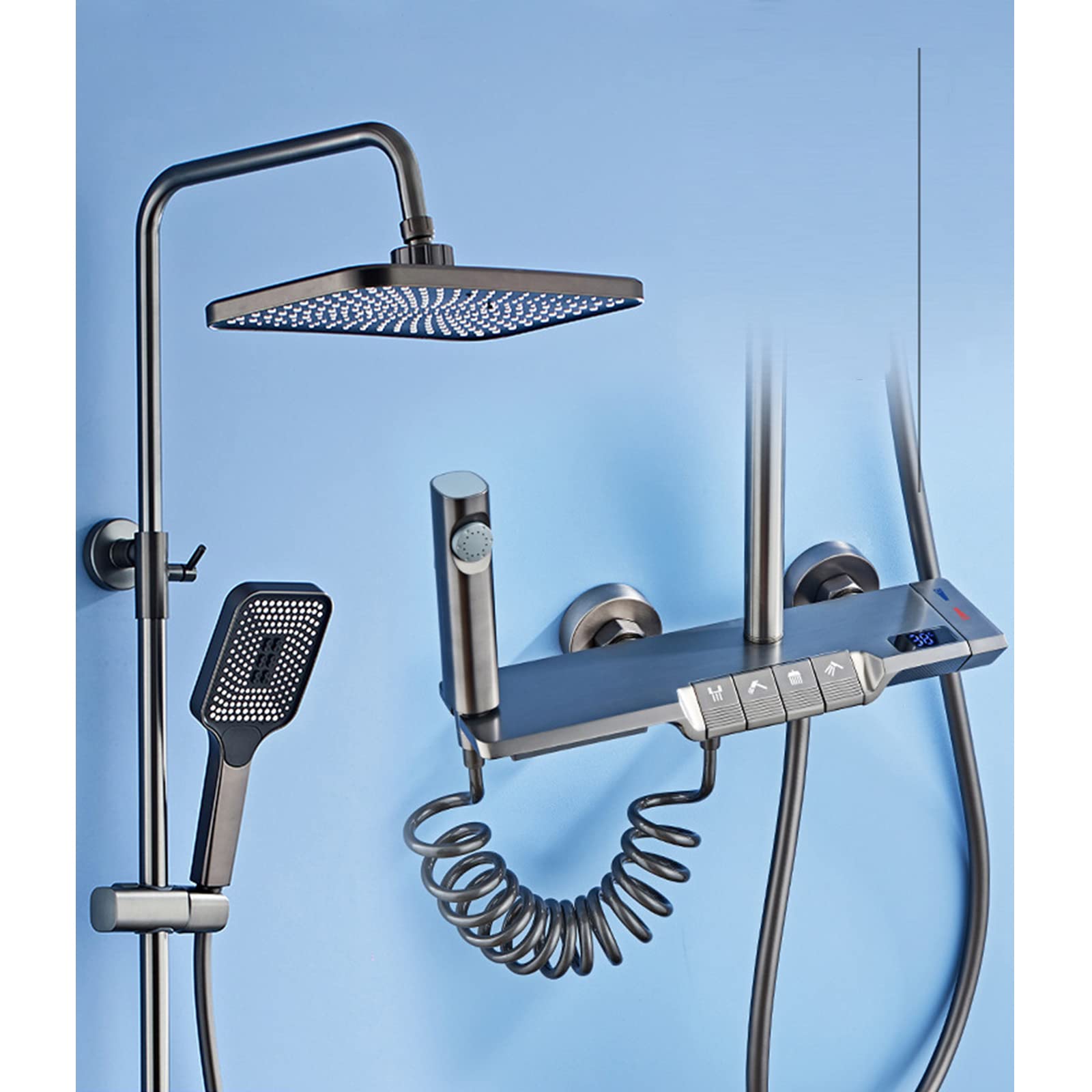 Shower System Gray Digital Display Shower Fixture Bathroom Shower Faucet Set with Rain Shower Head and Handheld Shower Brass Waterfall Bathtub Faucet