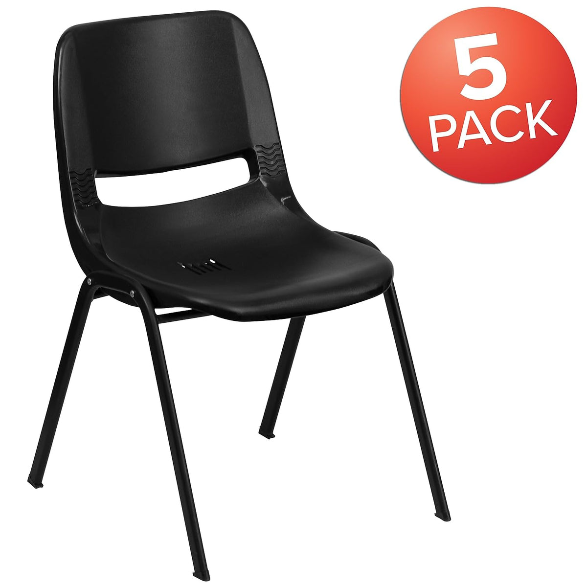 Flash Furniture Hercules 16 in Ergonomic Stack Chair, Black, 5-pack, Set of 5, Black Plastic/black Frame