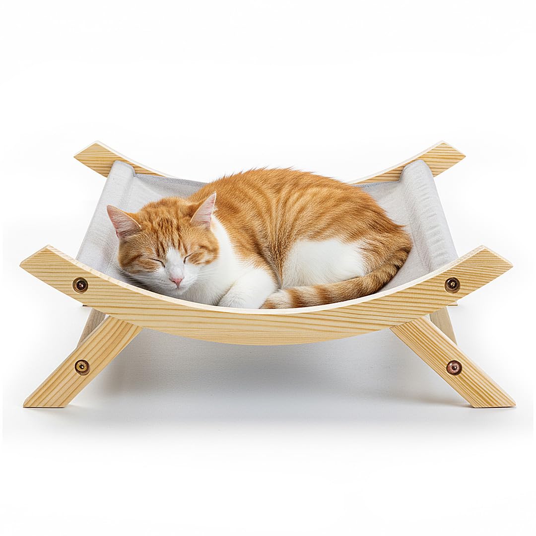 CallieCo Wooden Cat Hammock Bed, Modern Elevated Pet Lounger with Premium Wooden Frame & Breathable Fabric, Stylish Indoor & Outdoor Cat Bed for Cats & Small Dogs - Gray